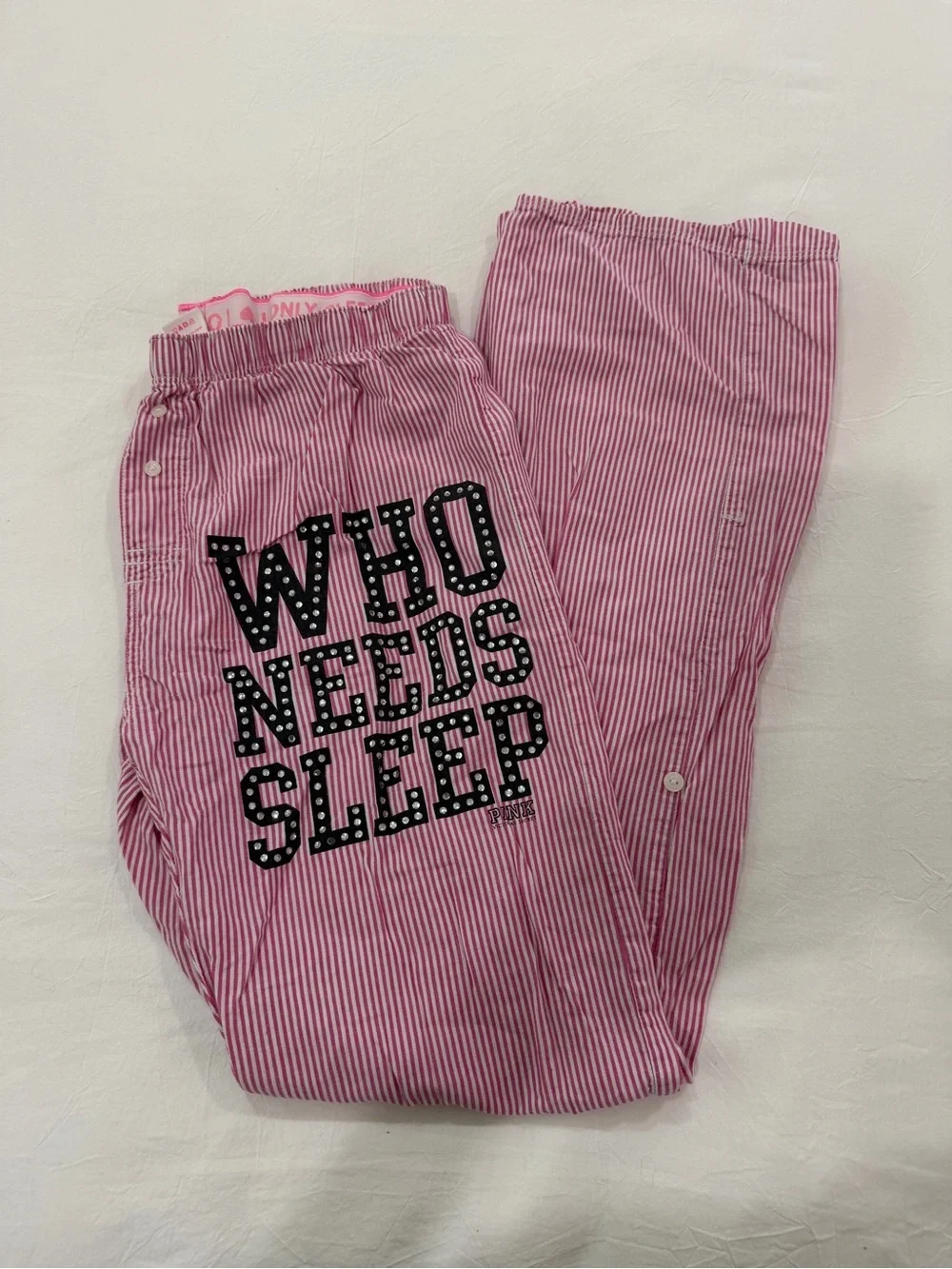 Victoria's Secret Pink Striped Pajama Pants with 'WHO NEEDS SLEEP' Graphic rare